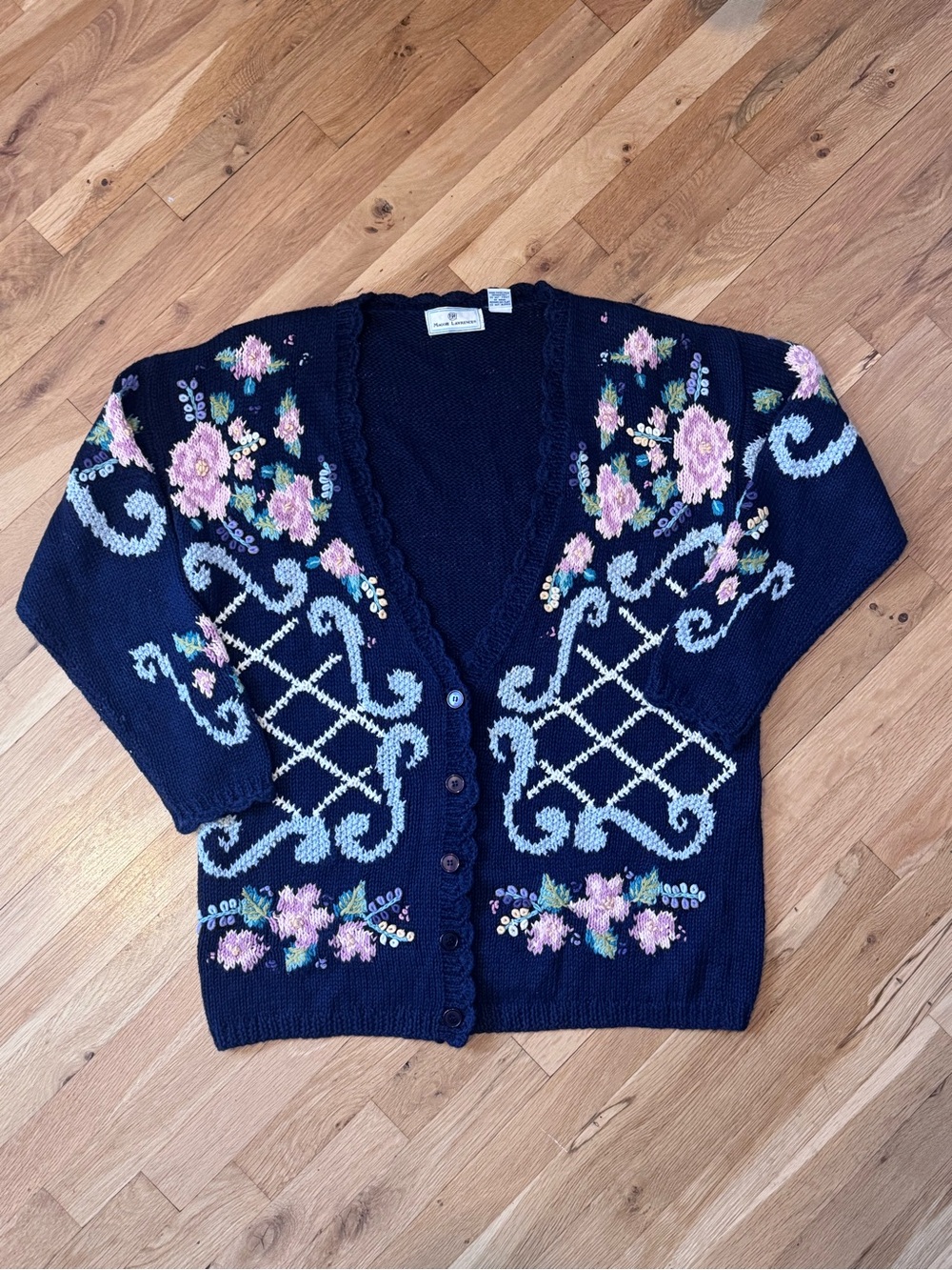 Vintage Maggie Lawrence Floral Cardigan Navy Pink Roses Grandma Knit L